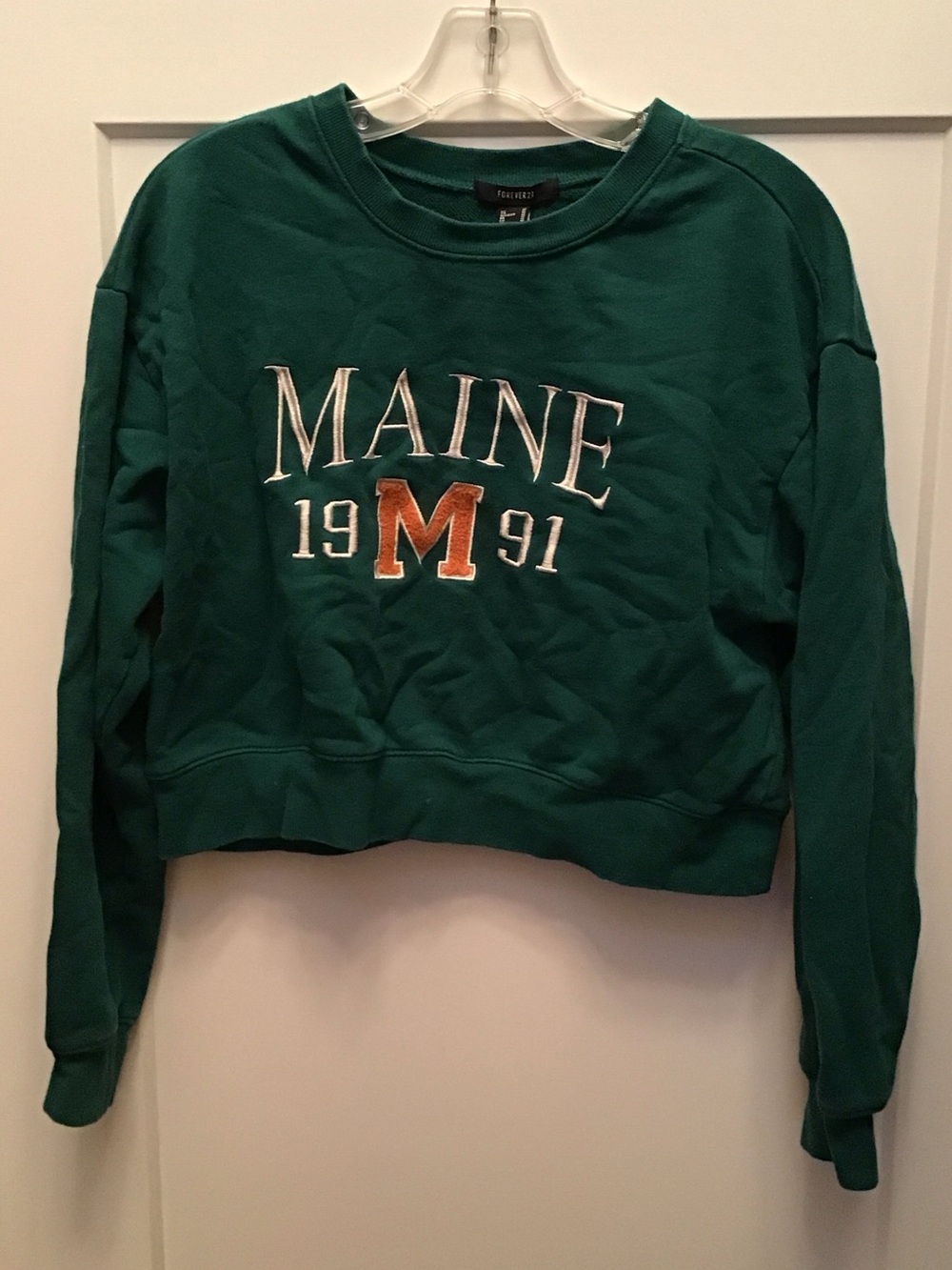 Forever 21 Green 'Maine 1991' Crewneck Sweatshirt with Orange M